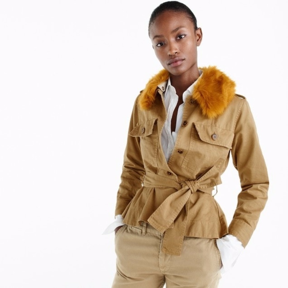 🐦J. Crew Chino Lightweight Jacket w/ Belt & Removable Fur